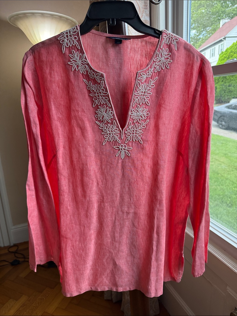 Land's End Women's Pink Embroidered V-Neck Tunic Top - Size L/14-16